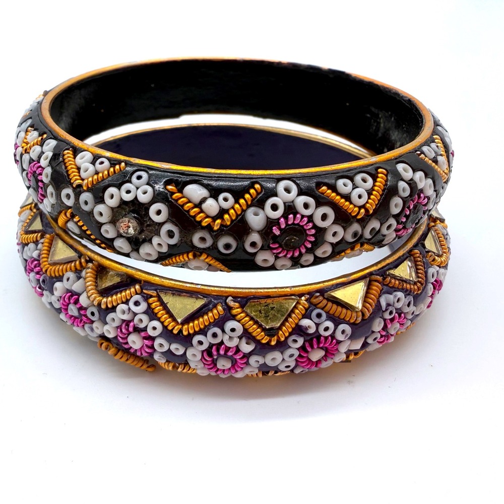 Vintage India Beaded Bangle‎ Bracelet Set Boho Tribal Seed Bead Stack